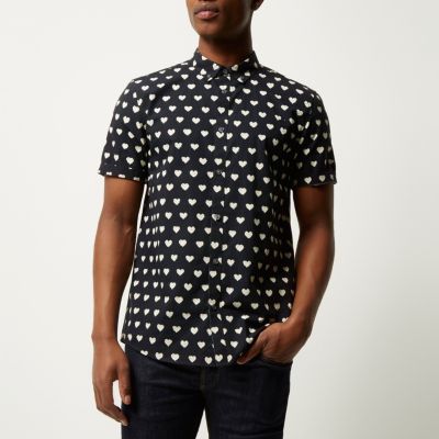 Navy heart print short sleeve shirt